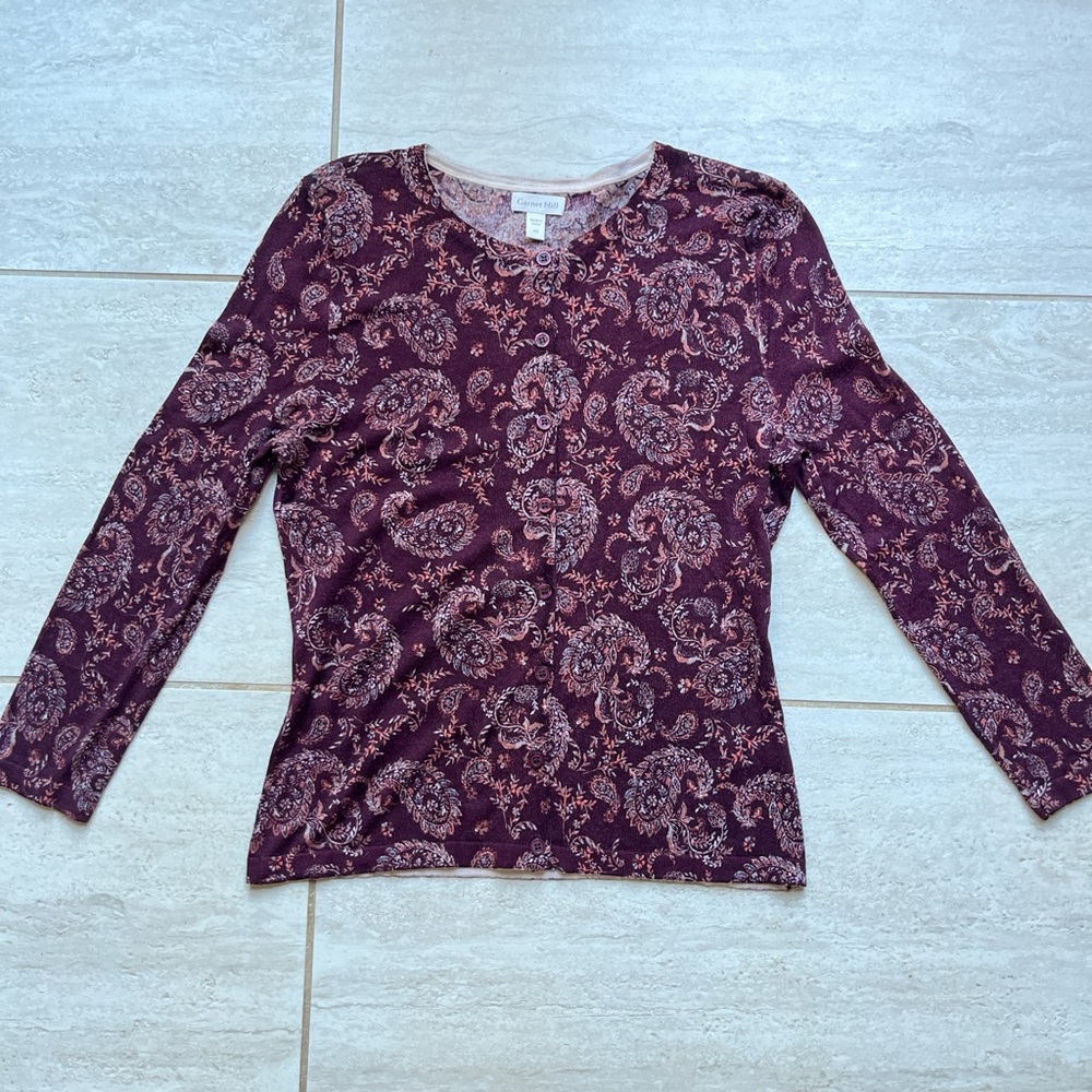 Garnet Hill Merino Wool Paisley Cardigan Size XS preppy dark academia